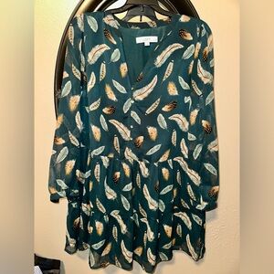 LOFT Teal Feather Pattern dress